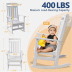 Outdoor Rocking Chair Oversized of 2 & Side Table Set, HDPE All Weather Resistant Patio Rocker, 31.5" High Back 21.5" Deep Seat Porch Chairs Set for Lawn Garden Deck Balcony 400lbs Capacity(White)
