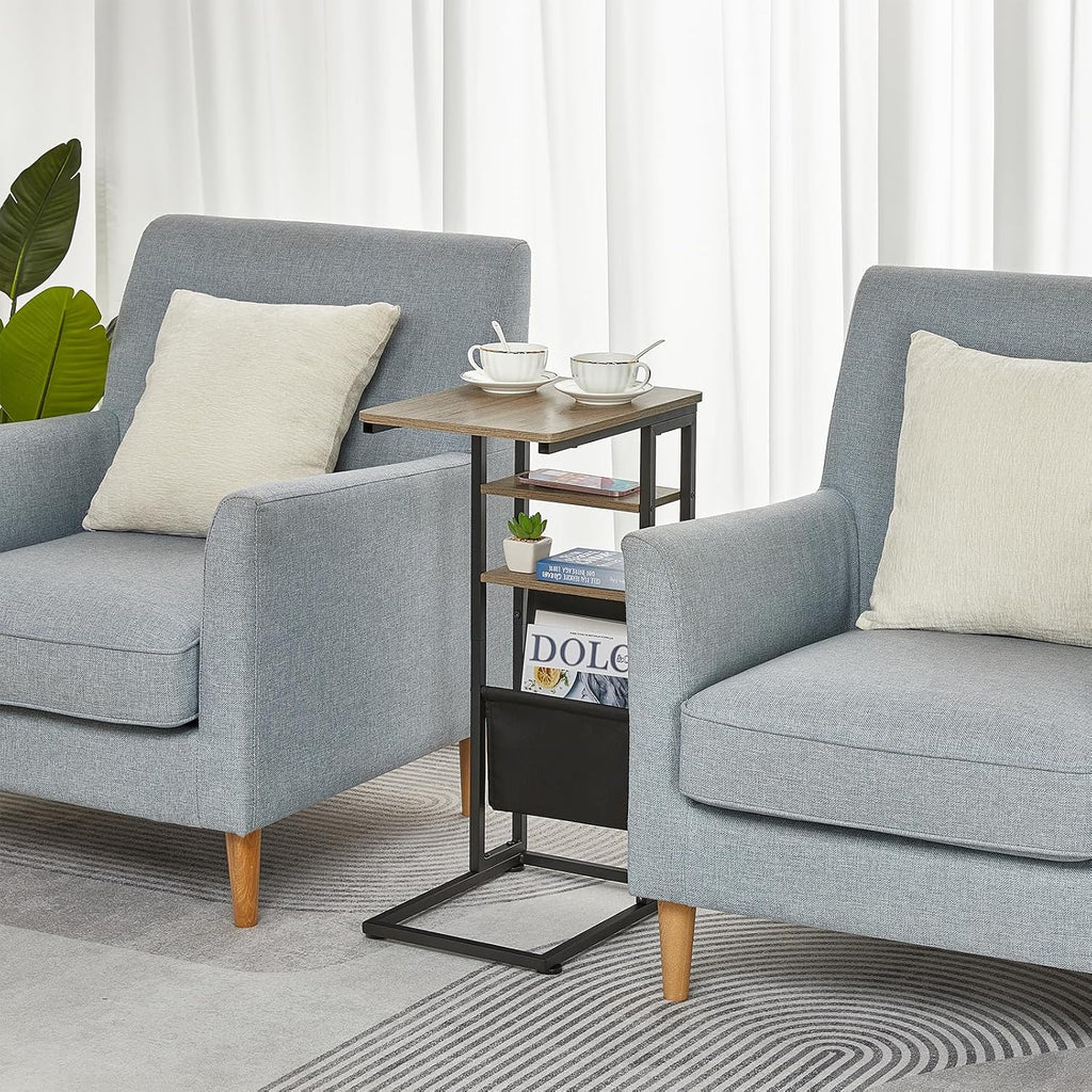 C Shaped End Table 28"(H) 3-Tier C Table with Storage Bag, Under Couch Table C-Shaped End Table with Storage Shelves and Bag for Living Room, Bedroom, or Office
