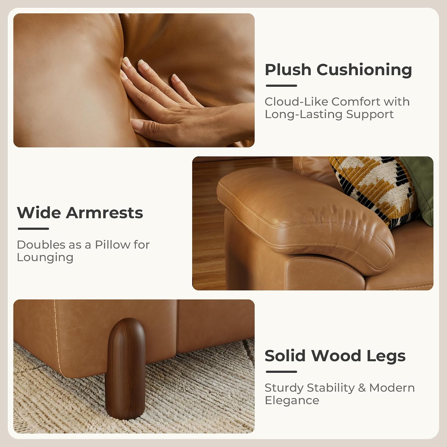 Cloud Couch Sectional, 3 Seater L-Shaped Sofa, Faux Leather in Brown | Pet-Friendly Scratch-Resistant Leather Sectional Sofas for Living Room, Deep Seat Wide Couch with Chaise, Storage Ottoman