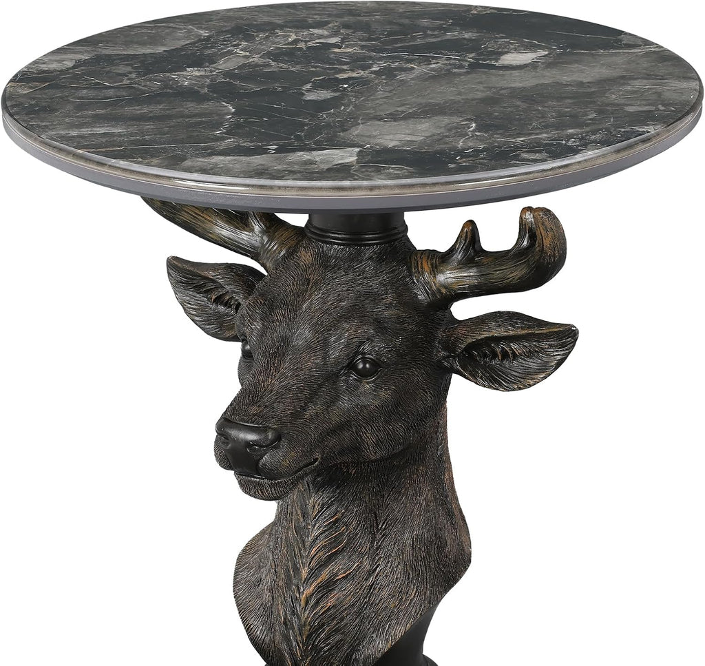 Modern End Table Black Deer Statue Side Table with Faux Marble Round top, 28" Tall 19.69" Wide Contemporary Nightstand for Living Room, Office and Reception Area Gift for Mom and Dad