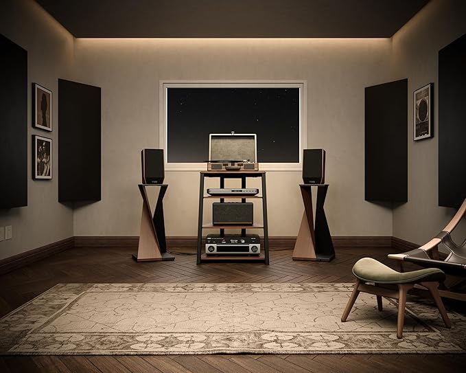 FITUEYES Design 4-Tier AV Media Stand Corner Shelf for Record Player Wooden Stereo Cabinet Audio Rack Tower with Height Adjustable Wooden Shelves for ps4 (Walnut)