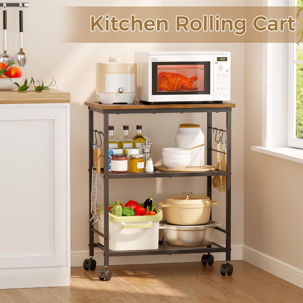 BEWISHOME 3-Tier Rolling Kitchen Microwave Cart, Small Microwave Stand | 4 Lockable Wheels, Hooks, Small Coffee Cart Shelf Rack Organizer for Kitchen, Living Room, Bathroom