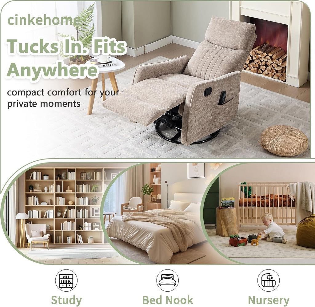 cinkehome Swivel Rocker Recliner, Glider Rocker Recliner Chair for Nursery, Manual Reclining Chair with Heated Massage, Small Spaces, Living Room, Khaki Chenille