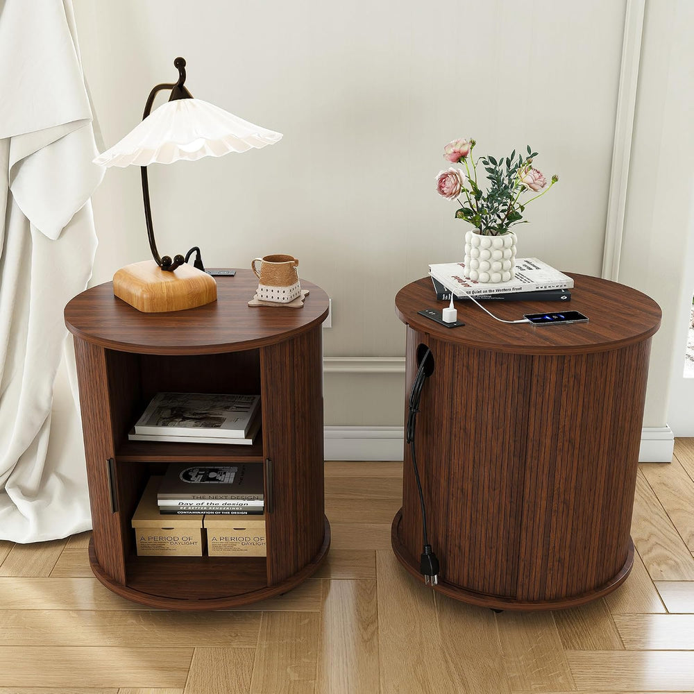 Walnut Nightstand Set of 2 with Charging Station, Mid-Century Round | Each ta...