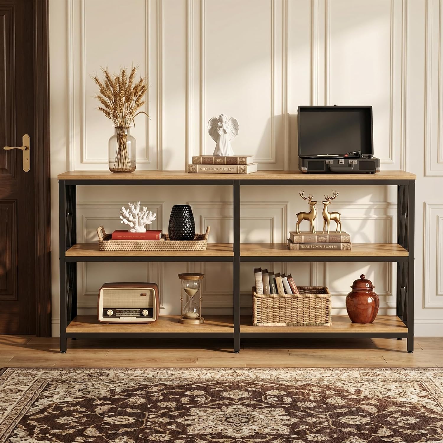 LITTLE TREE Console Table with Storage Shelves, 70.9" Industrial 3-Tier Sofa Table for Living Room, Long Foyer Table Entryway Table for Hallway, Front Door, Entrance, Natural Light Oak & Black