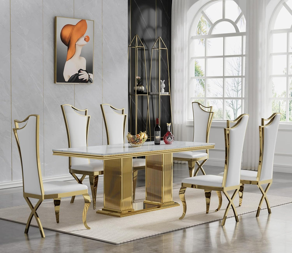 68 in Faux Marble Dining Table for 4-6, White Marble Dining Table with Gold S...