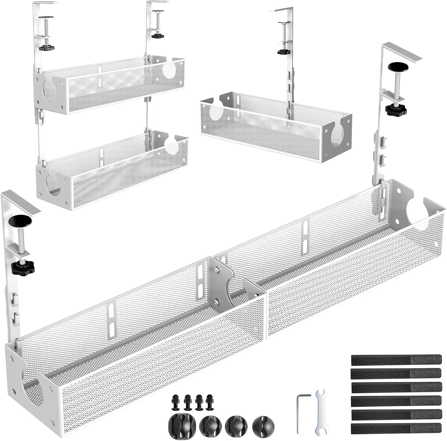 Multi-Model Under Desk Cable Management 2 Pack Metal Under Desk Wire Management Tray Clamp Mount Under Table Cord Management No Damage The Desk White