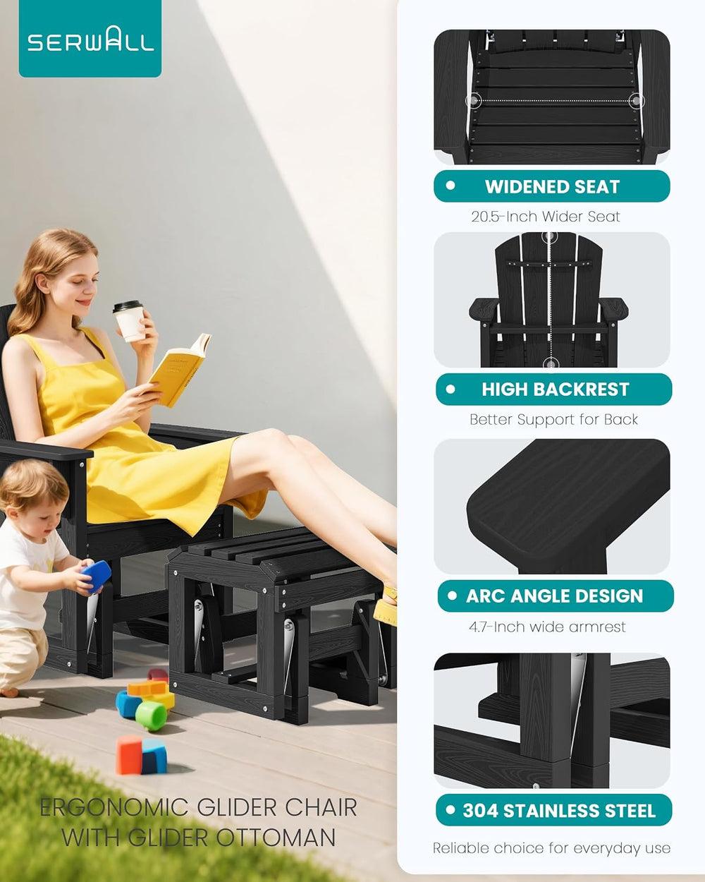 SERWALL HDPE Outdoor Glider with Ottoman Set of 4, All-Weather Patio Glider