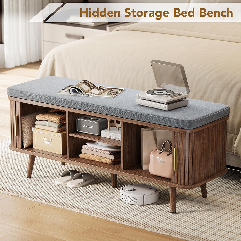 Decofy Shoe Storage Bench with Cushion and Sliding Doors, 47.2 Inch Shoe Benc...