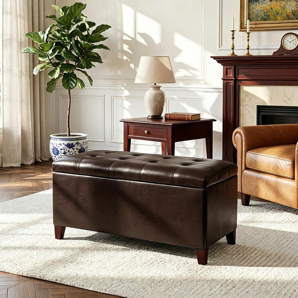 Joveco Storage Ottoman Bench, 33 Inches Faux Leather Rectangle Tufted Foot St...