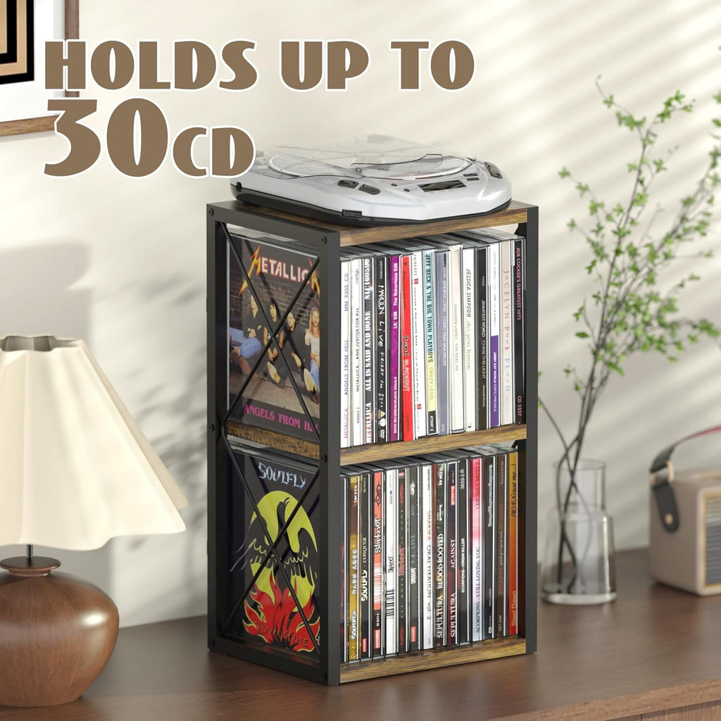 Alyoen 2 Tier CD Holder Organizer, Wooden CD Storage Rack Holds up to 30 Cds, CD Case Holder for Display, Premium CD Display Shelf for Home Office, Ideal for Music Enthusiasts