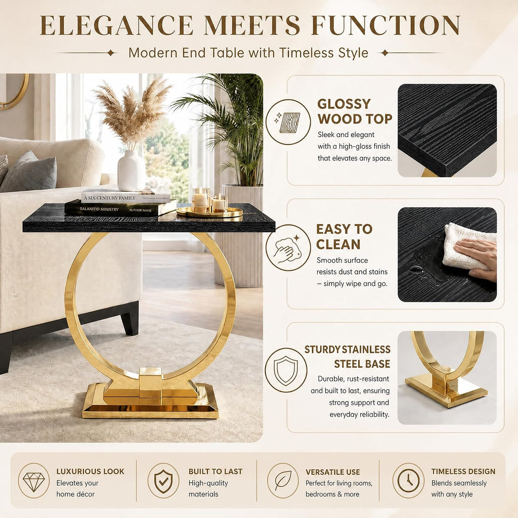 Asday 23” Wooden End Table Set of 2, Modern Luxury Square Side Table with Metal U Base for Living Room Bedroom Office, Black and Gold Nightstand Bedside Table Small Accent End Table