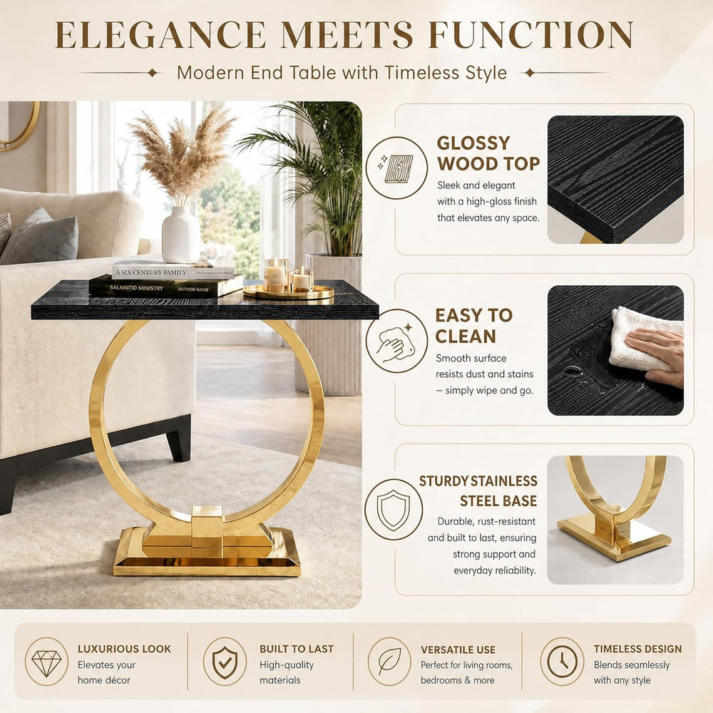 Asday 23” Black and Gold End Table, Modern Square Wood Side Table with Polihs...