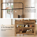 Solid Wood Kitchen Island with Storage, 47-Inch Farmhouse Stationary Island Table with Seating and 5 Hooks, Counter Height Bar Table for Kitchen, Dining Room, Rustic Brown