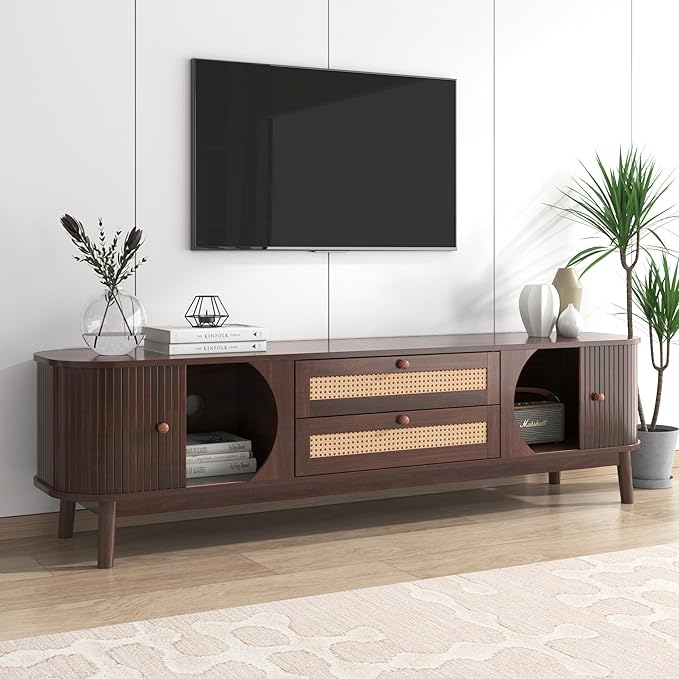 Mid Century Modern TV Stand for TVs up to 75”, Fluted Entertainment Center, Media Console with Tambour Sliding Doors and Rattan-Style Drawers, Walnut Finish Media Console for Living Room