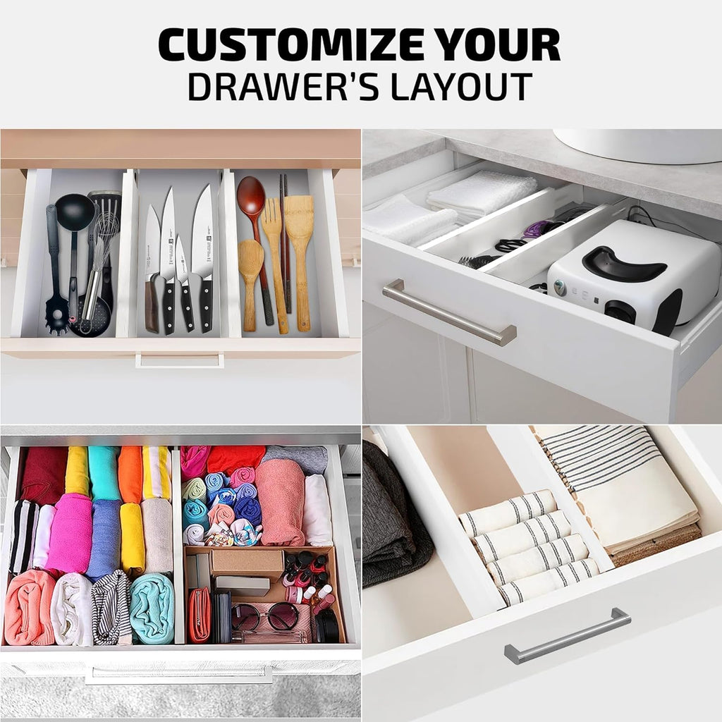 4-Pack Bamboo Drawer Dividers - 2.6" High, 12.5"-17" Adjustable Drawer Organizers for Clothes, Expandable Dresser Separators in Bedroom/Bathroom/Kitchen/Office Organization and Storage (White)