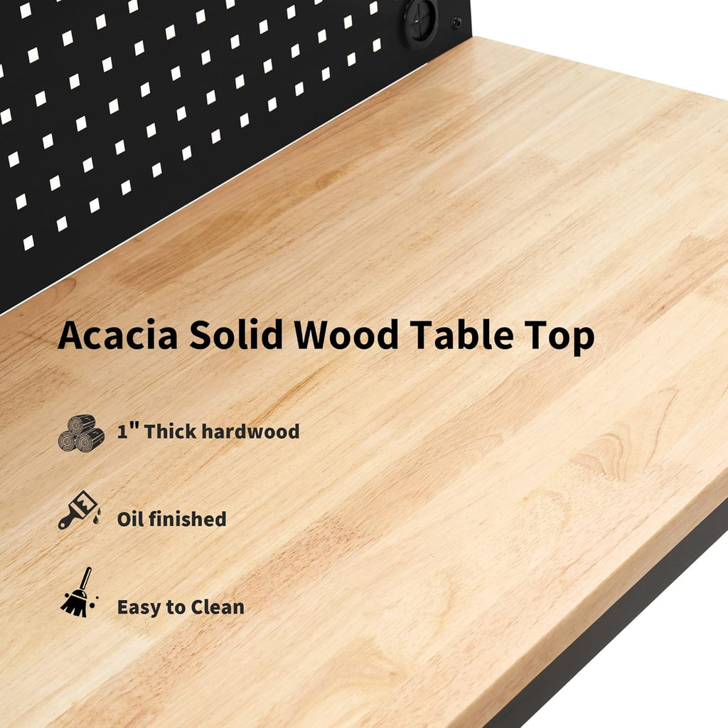 MCombo Adjustable Workbench with Solid Wood Tabletop for Garage, Steel Worktable with 2 Pegboards Bench48 (Black)