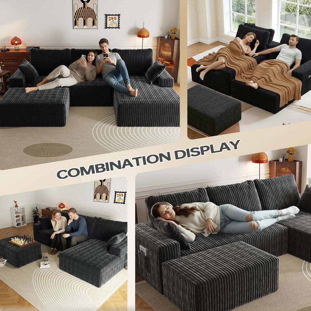 108" U-Shape Modular Sectional Cloud Couch with Ottoman, Deep Seat Couch...