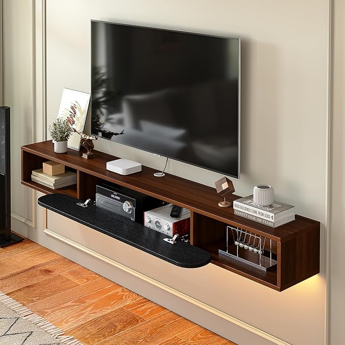 Furninova Floating TV Stand,Wall Mounted Entertainment Center for 75+ Inch TV,Plywood Floating Media Console with 1 Flip Down Door & Cable Management,Modern Space Saving TV Shelf,70'' (Walnut & Black)