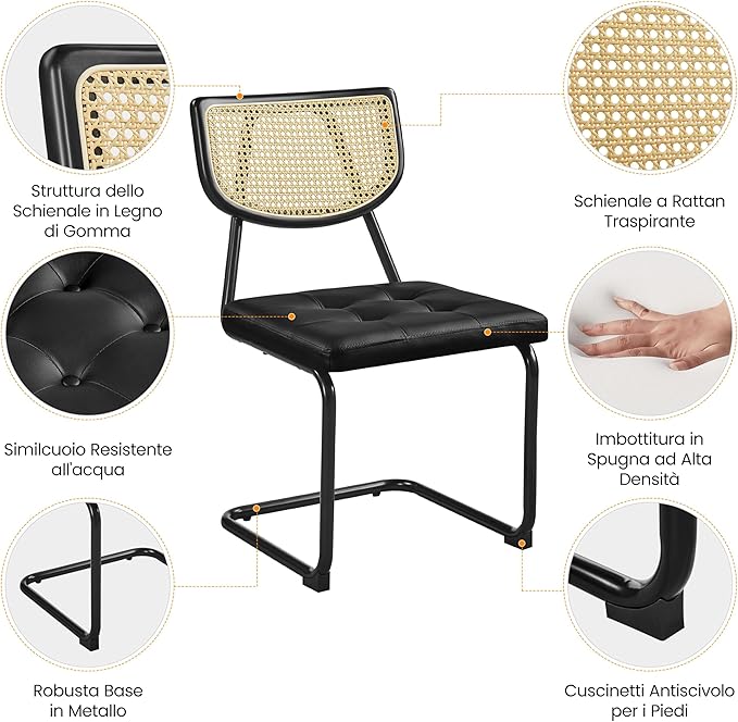 Yaheetech Rattan Dining Chairs Set of 4 Mid Century Modern Dining Room Chairs with Chrome Legs and Rattan Back for Home Kitchen, Faux Leather, Black