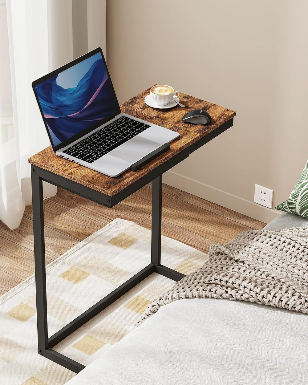 TUTOTAK C Shaped End Table, Tilting Laptop Stand Side Table, Under Couch Tabl...