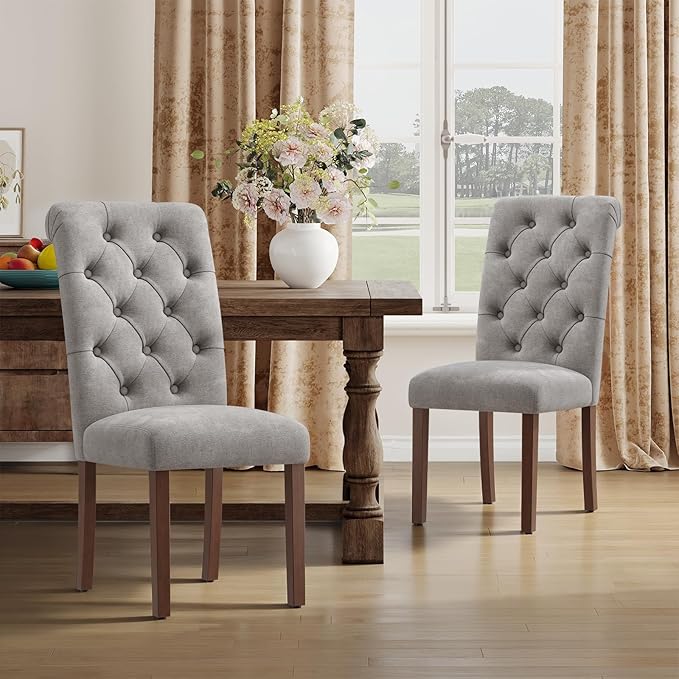 Upholstered Tufted Dining Room Chairs Set of 4, Parsons Kitchen Chairs with Padded Seat and Solid Wood Legs, Fabric Accent Side Diner Chair for Dining Room/Kitchen/Living Room, Light Grey