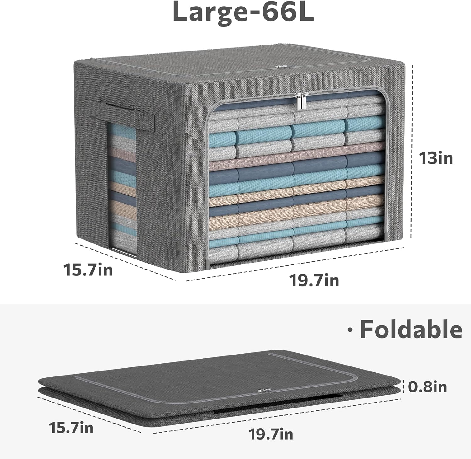 CYhom 3Pack Foldable Storage Bins - Frame Storage Box Linen Fabric Stackable Clothes Container Organizer with Clear Window & Carry Handles Large Capacity (Large-66L, Dark Gray)