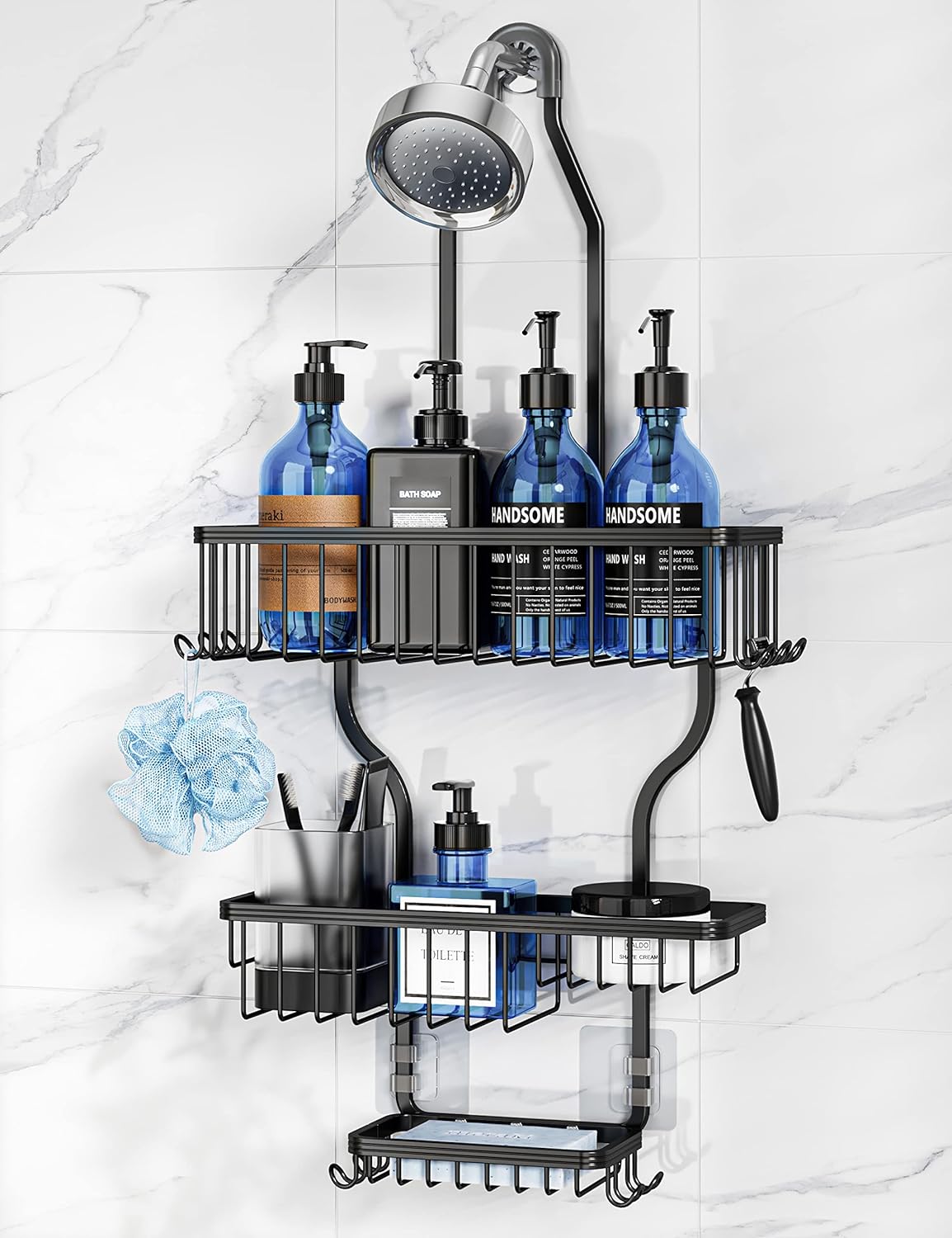 YASONIC Shower Caddy Over Shower Head Never Rust Aluminum Large Hanging Shower Caddy with 10 Hooks for Razor/Sponge - Over The Shower Head Caddy with Soap Basket - Hanging Shower Organizer Black