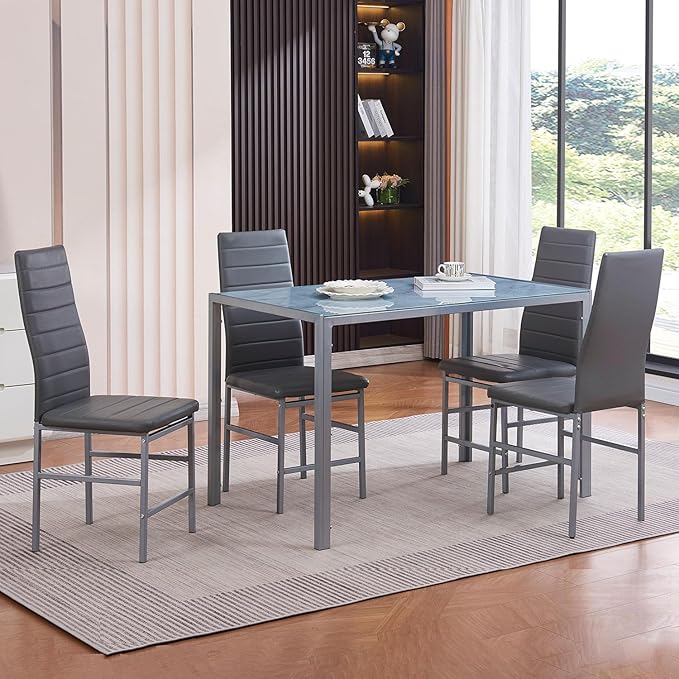 PU Dining Chairs Set of 4, Modern Kitchen & Dining Room Chairs Faux Leather Upholstered Dinner Chairs with Metal Legs for Small Space (Could Gray, Crossbar)