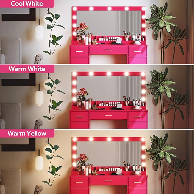 47.5” Vanity Desk with Large Mirror, 3 Colour Lighting Modes, Adjustable Brightness, Dresser with 3 Drawers & 2 Vertical Cabinets, Makeup Vanity Table for Women Girls