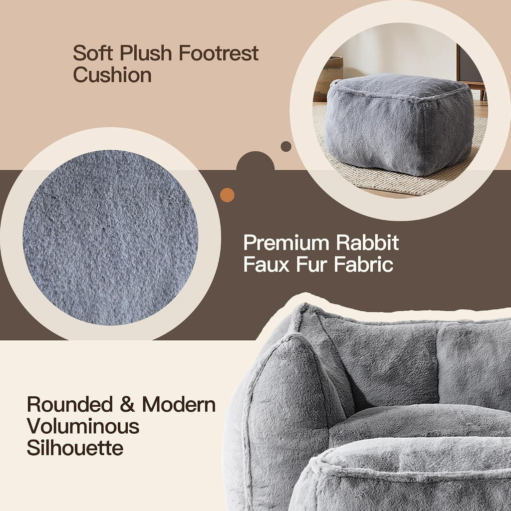 WELAX Giant Bean Bag Chair for Adults Teens – Fluffy Plush Large Bean Bag Sofa Chairs with Ottoman, Comfy Reading & Gaming Beanbag Couch for Bedroom Living Room, Dark Gray