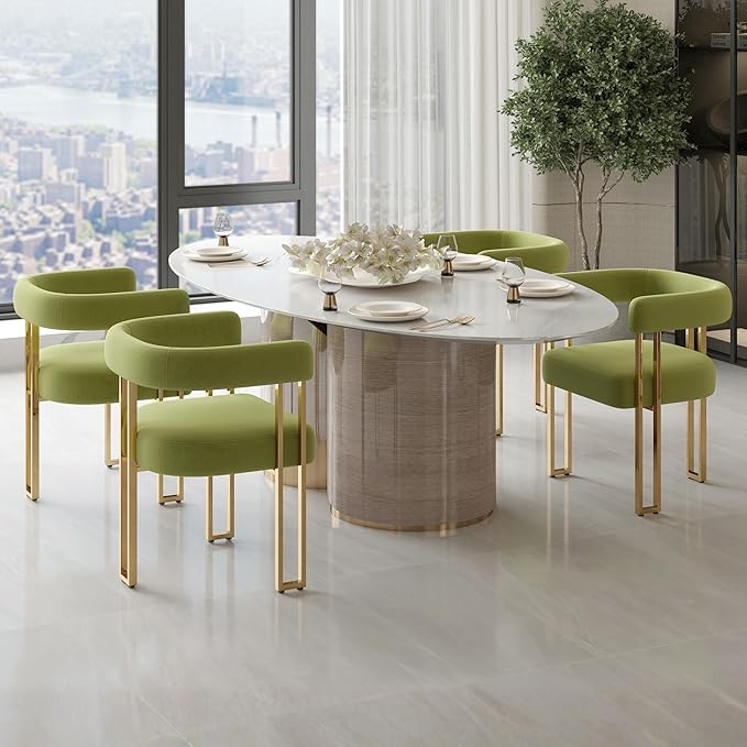 Green and Gold Modern Dining Chairs Set of 4, Velvet Upholstered Barrel Armch...