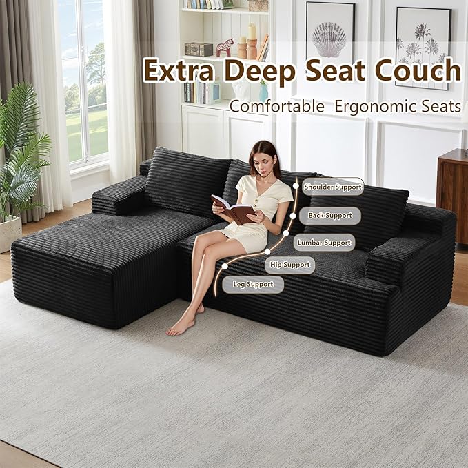 96" Modular Sectional Sofa Couches L-Shape Couch 3 Seat Modular Sofa Corduroy Memory Foam Sectional Boneless Couches for Living Room, Cloud Couch with Oversized Chaise(Black, Left Facing)