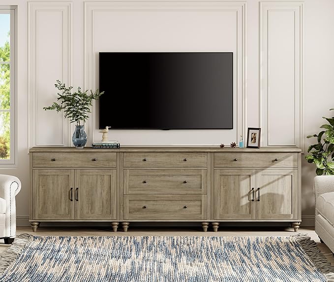 WAMPAT Farmhouse TV Stand for 100 Inch TV, 3-in-1 TV Console Table with 5 Drawers and 4 Doors, Entertainment Center for 75/80/85/90 Inch TV, Kitchen Sideboard Buffet Cabinet for Dining Room, Grey Wash