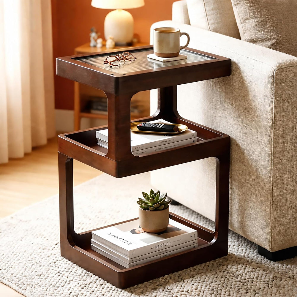 Solid Wood End Table, 3 Tier Small Side Table, Brown Accent Table