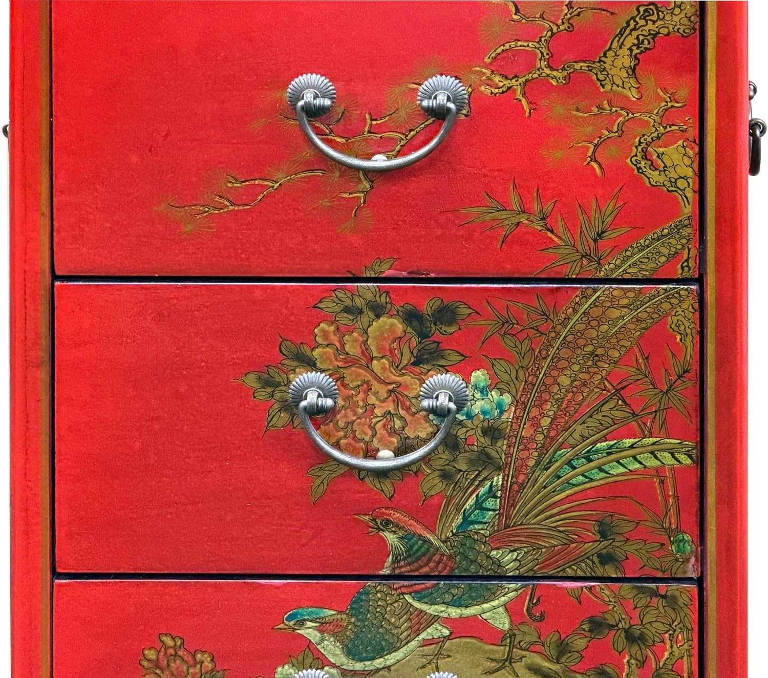 Oriental Bright Red Golden Flower Bird Graphic Drawers Chest Aws5065