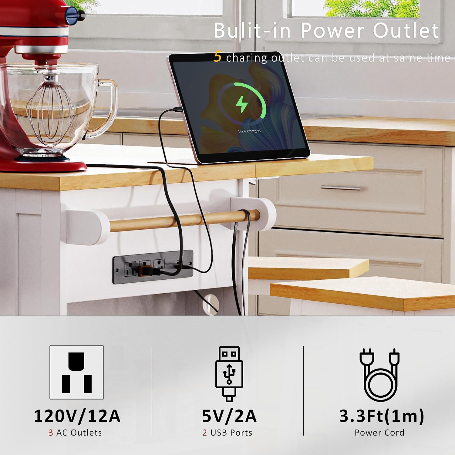 Rolling Kitchen Island with Drop Leaf & Power Outlet, Large Kitchen Islands Cart on Wheels, Movable Kitchen Island with 5 Open Storage Shelves & Towel Rack for Kitchen, Dining Room, 53-Inch, White