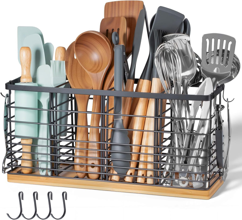 Nigelia 4 Compartments Extra Large Kitchen Utensil Holder with Wooden Base, Metal Organizer for Kitchen Countertop, Matte Black Cooking Utensils Holder with 4 Hooks for Tools Storage