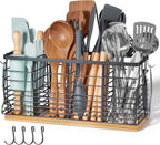 Nigelia 4 Compartments Extra Large Kitchen Utensil Holder with Wooden Base, Metal Organizer for Kitchen Countertop, Matte Black Cooking Utensils Holder with 4 Hooks for Tools Storage
