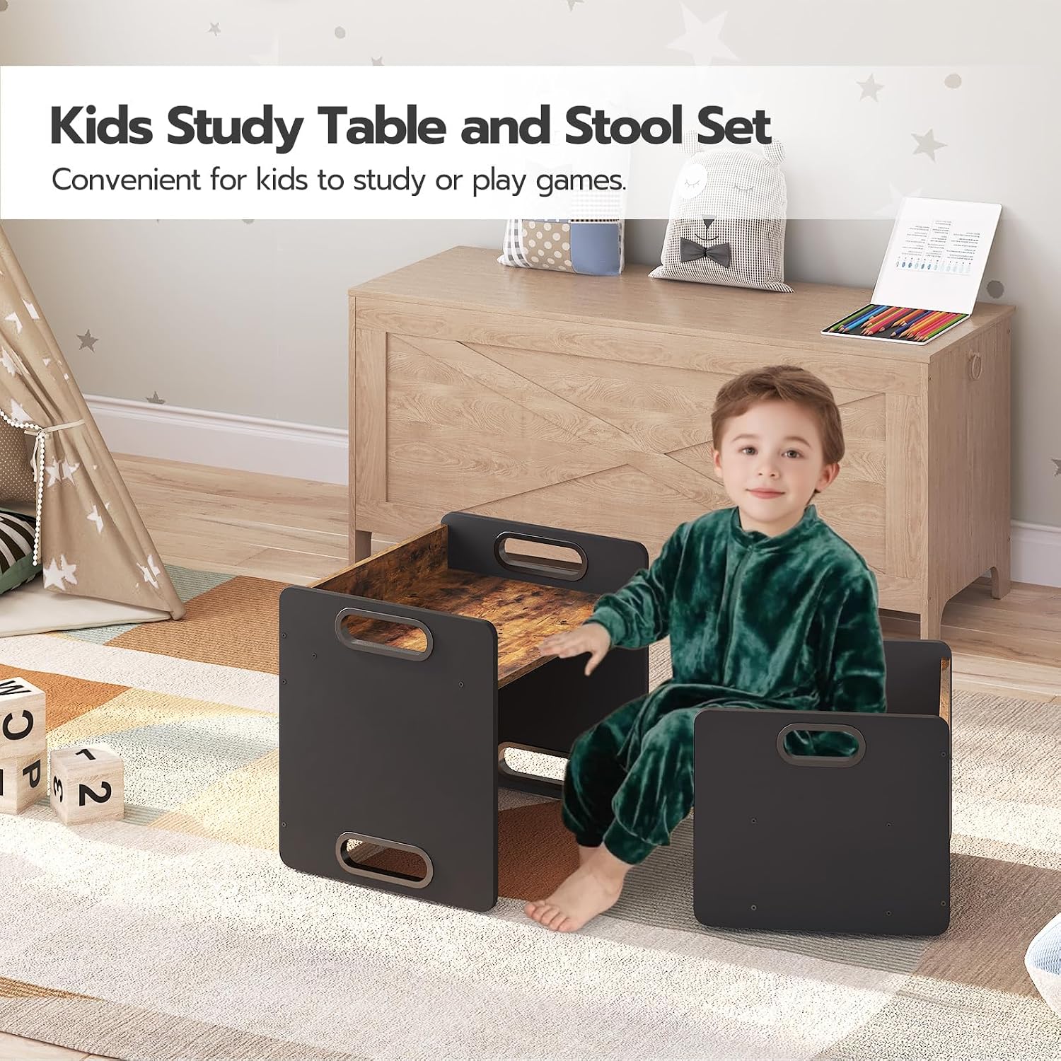 HOOBRO Weaning Table and Chair Set, Toddler Table and Chair Set, Furniture for Kids 1-3 Year Old, Kids Table and Chair for Reading, Rustic Brown and Black BF38JD01