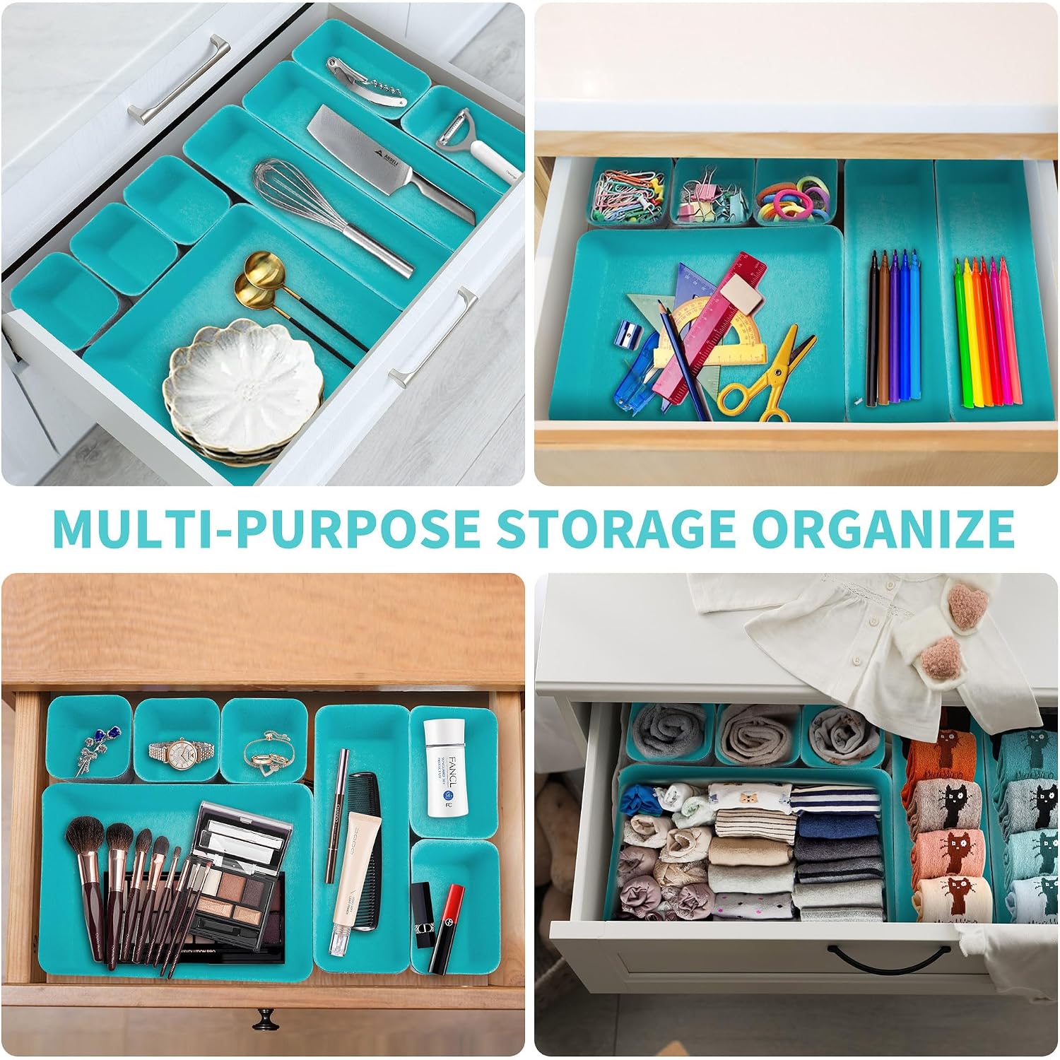 8pcs Drawer Organizers, Separators, Storage Box,Felt Storage Bins Inserts Tool Containers Toy Basket Shelf Cubes Foldable Drawer Dividers Desk Organisers- Blue&Grey