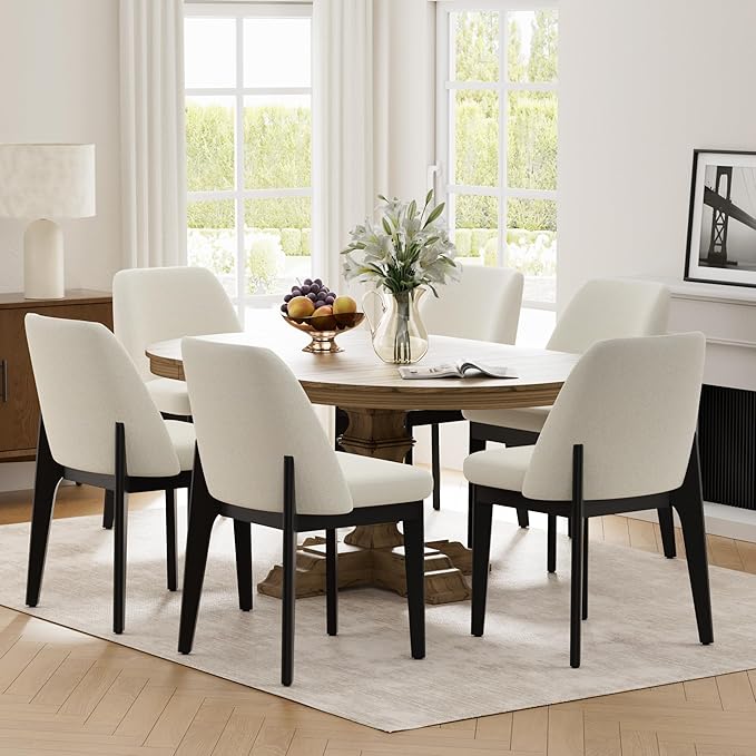 VKNOW Wooden Dining Chairs Set of 6, Upholstered Dining Room Chairs with Rubberwood Legs and Padded Seats, Kitchen Chairs for Restaurant Kitchen Living Room, Ivory White