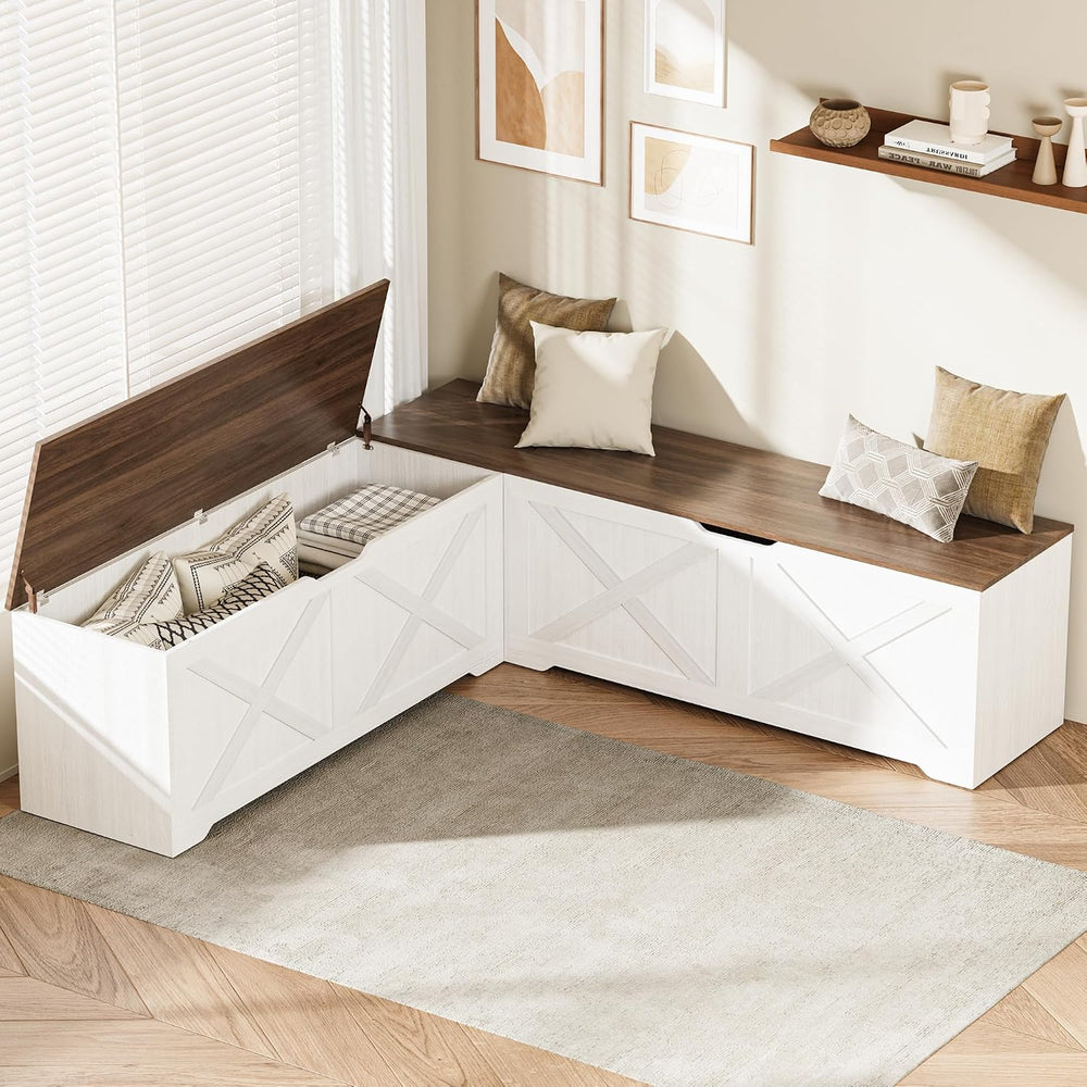 L Shaped Storage Bench, 63" Corner Bench with Storage, Breakfast Nook Be...