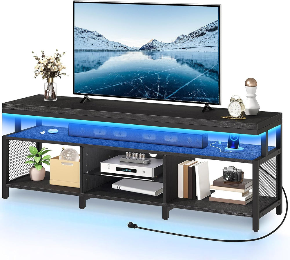 YITAHOME LED Industrial TV Stand with Power Outlets, Living Room, Black | Ent...
