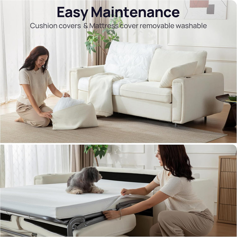 Pull Out Sofa Bed, No Cushion Removal, Queen Sleeper Sofa with USB Fast Charg...