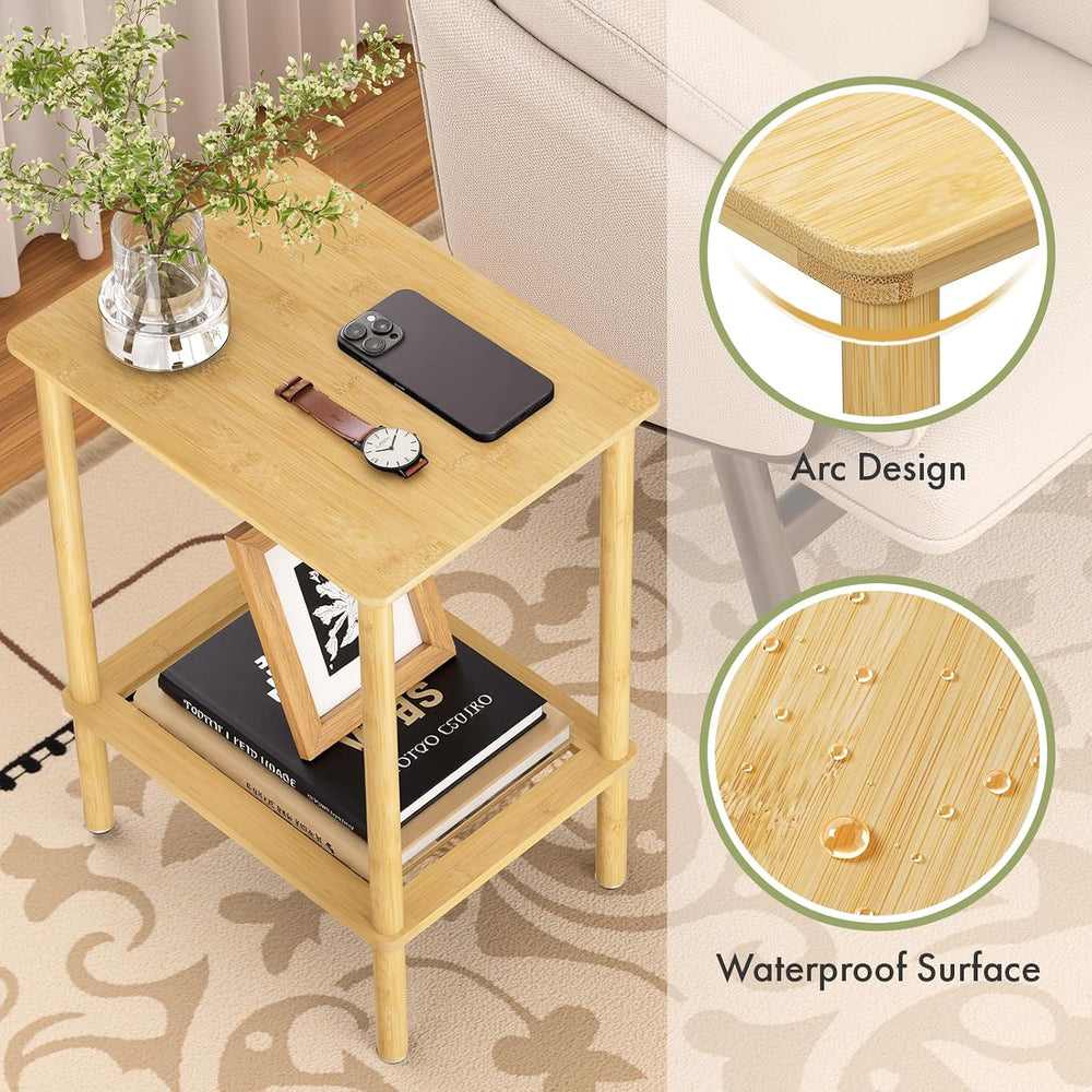 2 Tier Bamboo Narrow End Table, No Tool Assembly Bedroom Bedside Table, Small...