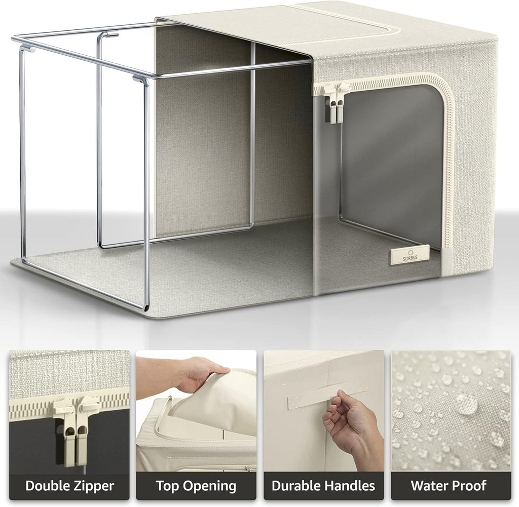 Sorbus Storage Bins with Metal Frame - Stackable & Foldable Clothes Organizer Bags - Oxford Fabric Storage Containers with Large Clear Window & Carry Handles Organization for Bedding Linen & Clothing