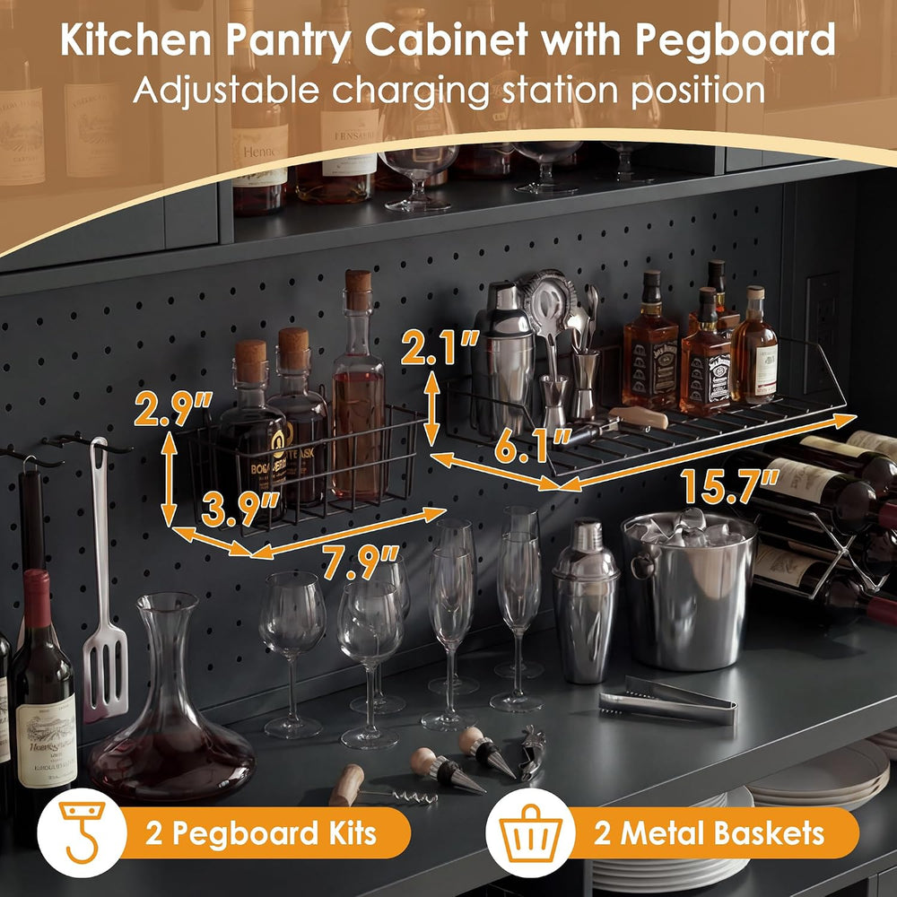 Large Coffee Bar Cabinet LED Wine Pantry Cabinet with Storage Hutch | 70.8&qu...