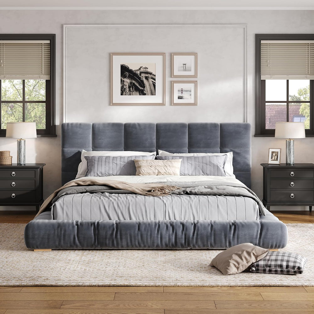 Queen Upholstered Velvet Platform Bed Frame with Tufted Headboard，Gray#03