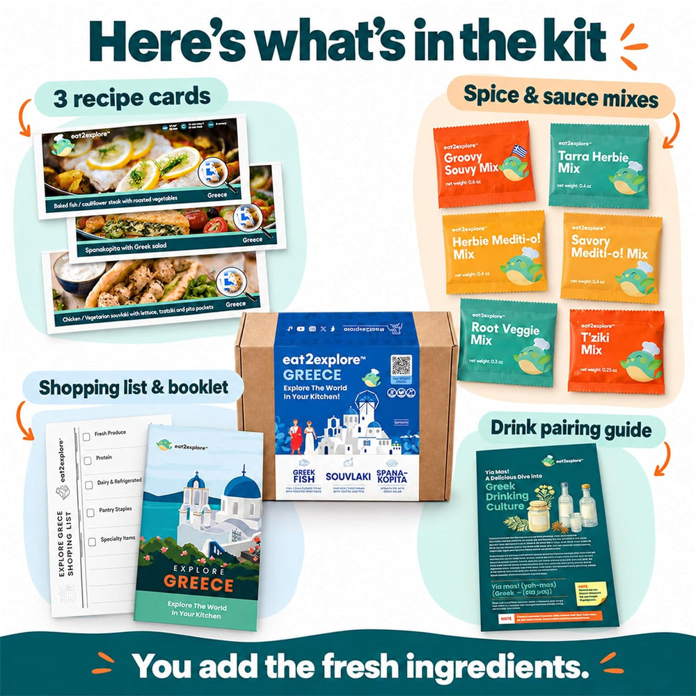 eat2explore Global Cooking Kits, Meal Gift Box for Teens & Adults, GREECE